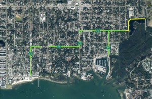 City of Gulfport The bike trail will begin at the southern foot of Beach Boulevard and go north and west before ending at Quincy Street S just north of Clam Bayou. The portion in green follows existing roadway. The portion in yellow is a pathway that will be paved.